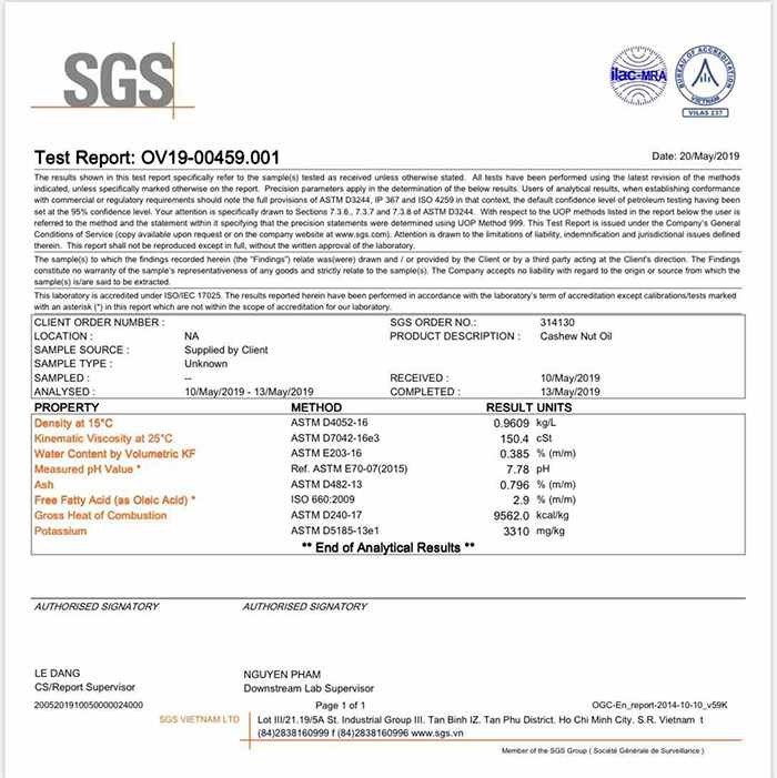 SGS - Cashew Nut Shell Liquid Oil - CNSL oil Test Report