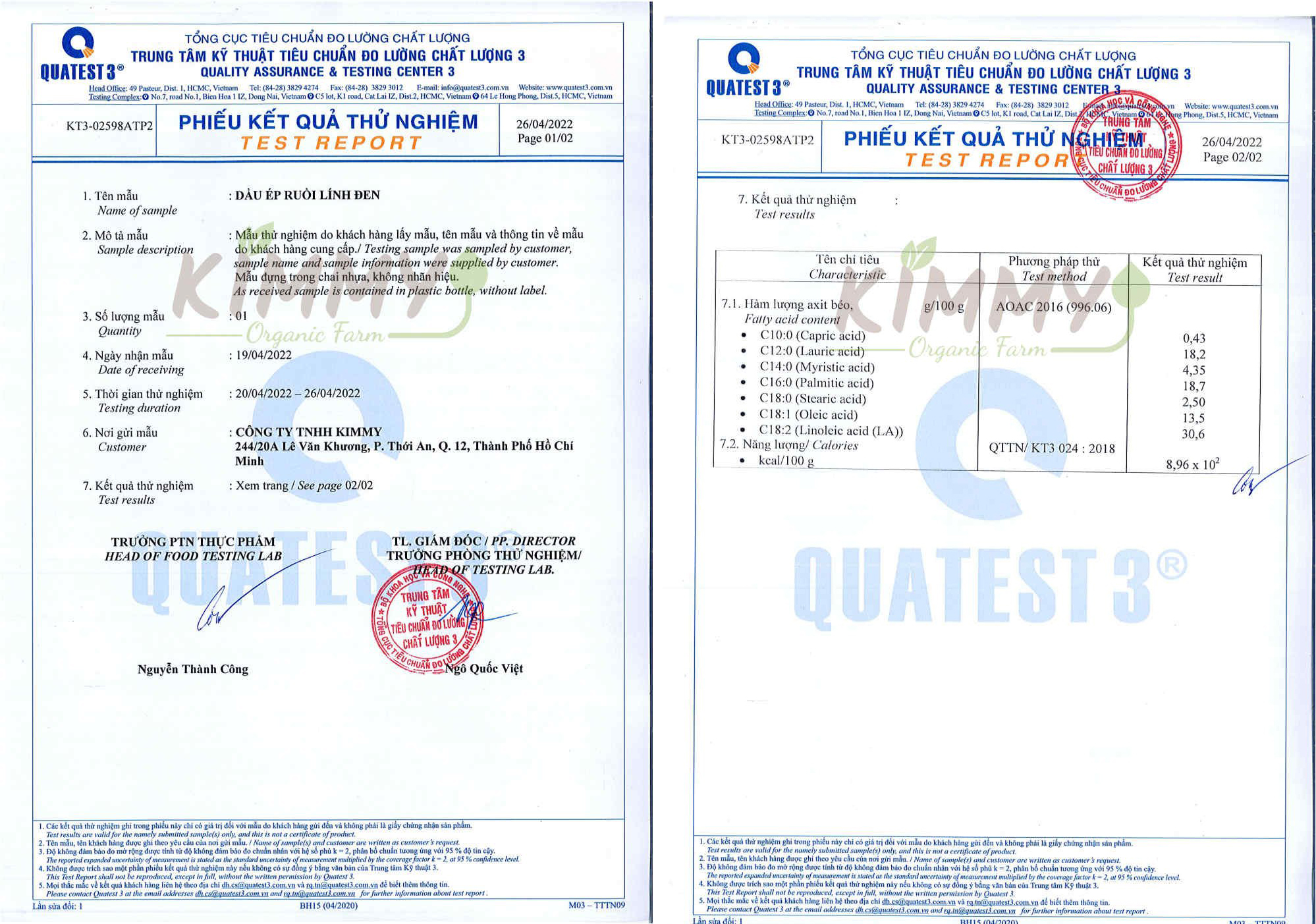Test Report of Our BSFL Oil Products - Kimmy Farm Vietnam