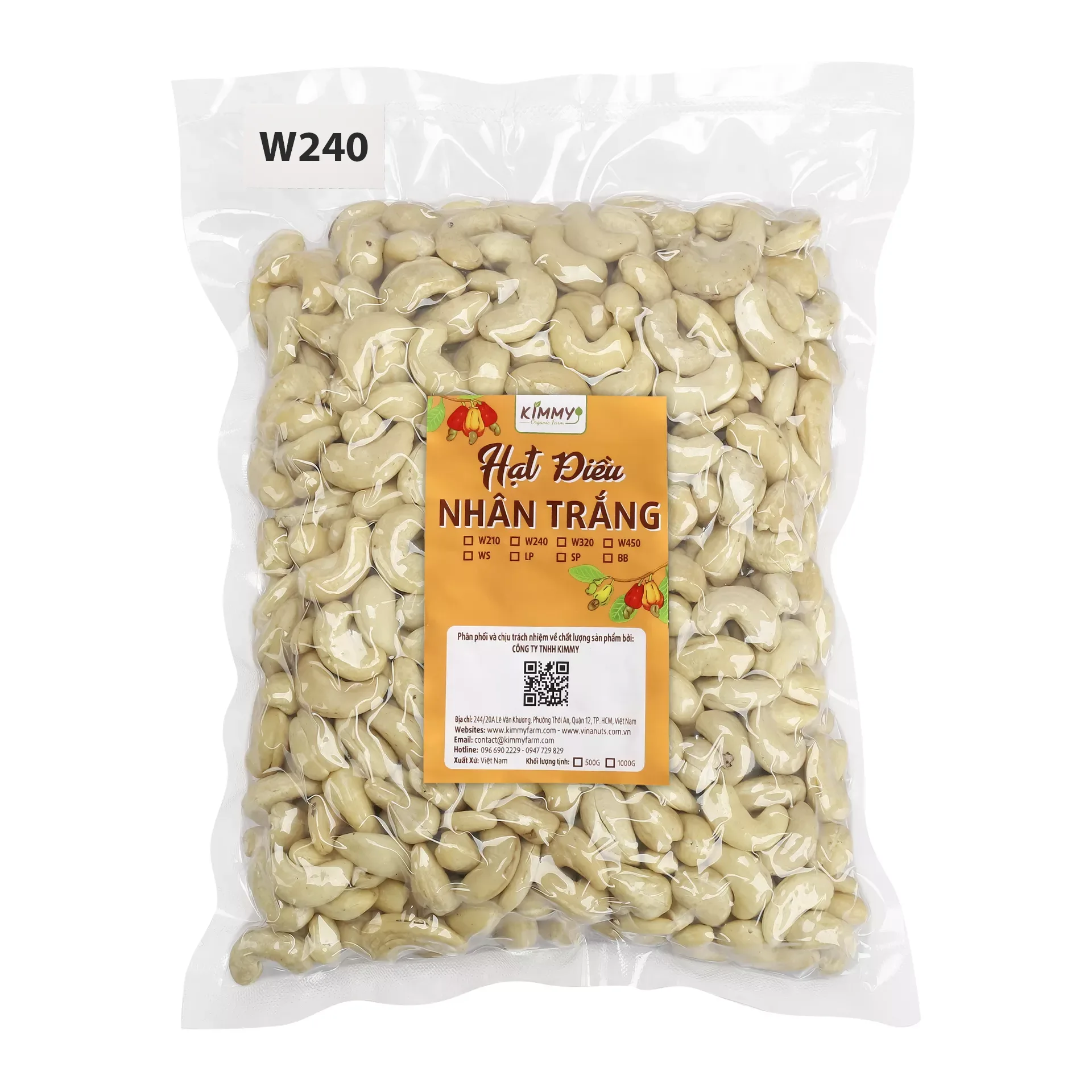 High-Quality W240 Cashew Nut Kernels Packed 1KG in Vaccum Bag - Kimmy Farm Vietnam