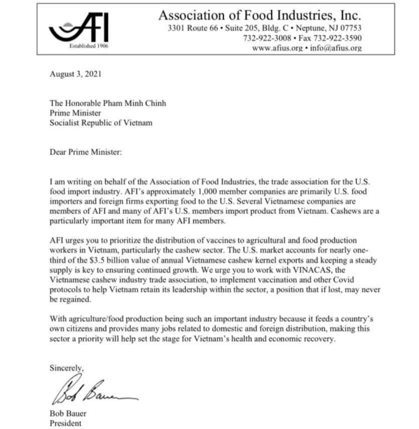 The Letter From Mr. Bob Bauer, Chairman Of The US Association Of Food Industries (AFI) Sent To Vietnam Prime Minister Pham Minh Chinh