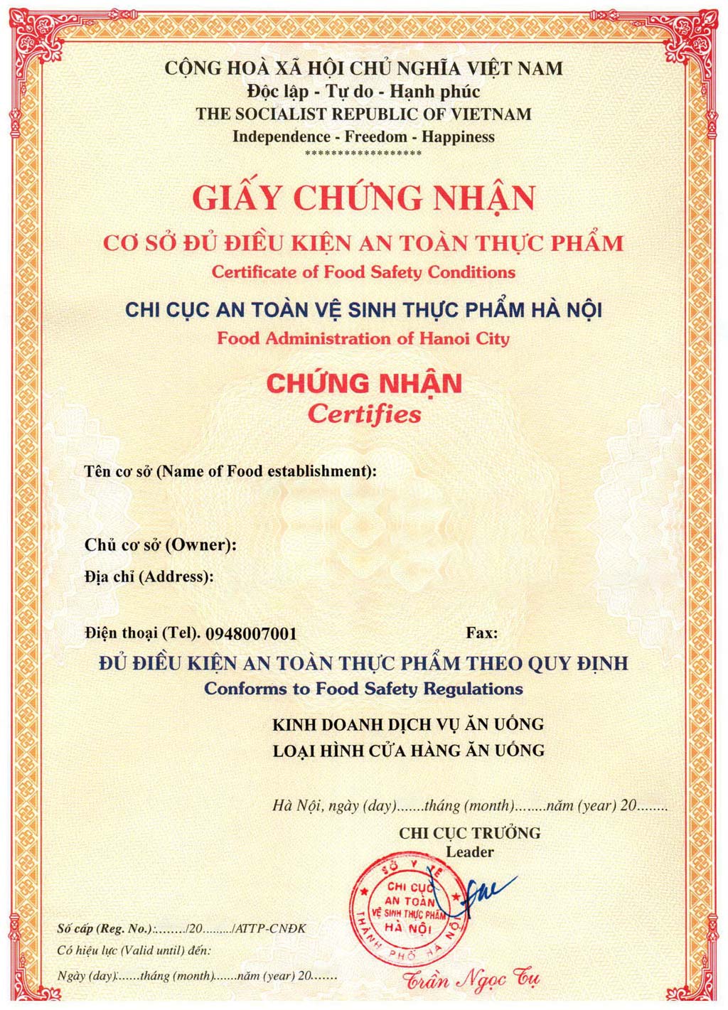 Giấy chứng nhận vệ sinh an toàn thực phẩm Việt Nam là chứng chỉ chứng nhận cơ sở chế biến thực phẩm đạt đủ tiêu chuẩn với sự kiểm duyệt của các cơ quan chức năng ở Việt Nam.