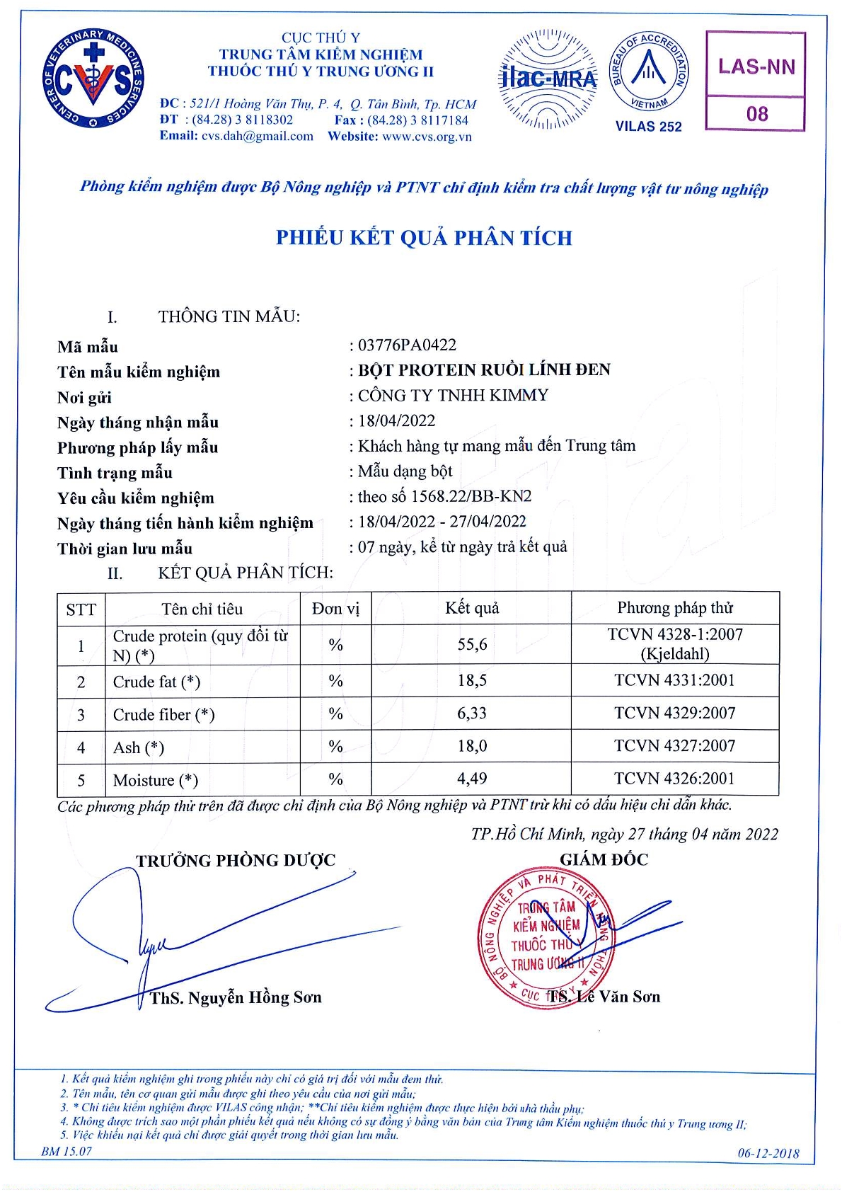 Test Report of BSFL Protein Powder - Kimmy Farm Vietnam